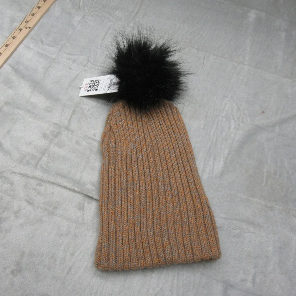Obermeyer Beanie Womens One Size Brown Ribbed Knit Fir Faux Fur Pom Hat $40 NEW‎